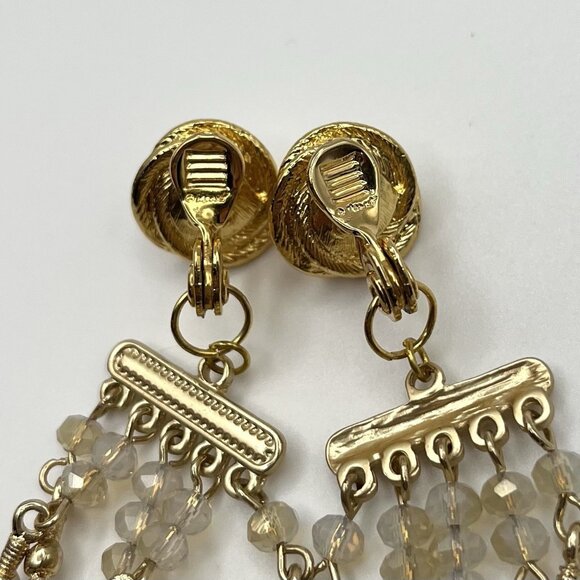 Vintage Monet Chandelier Clip-On Earrings Gold Tone Faux Pearl Gemstone Dangle - Picture 4 of 8
